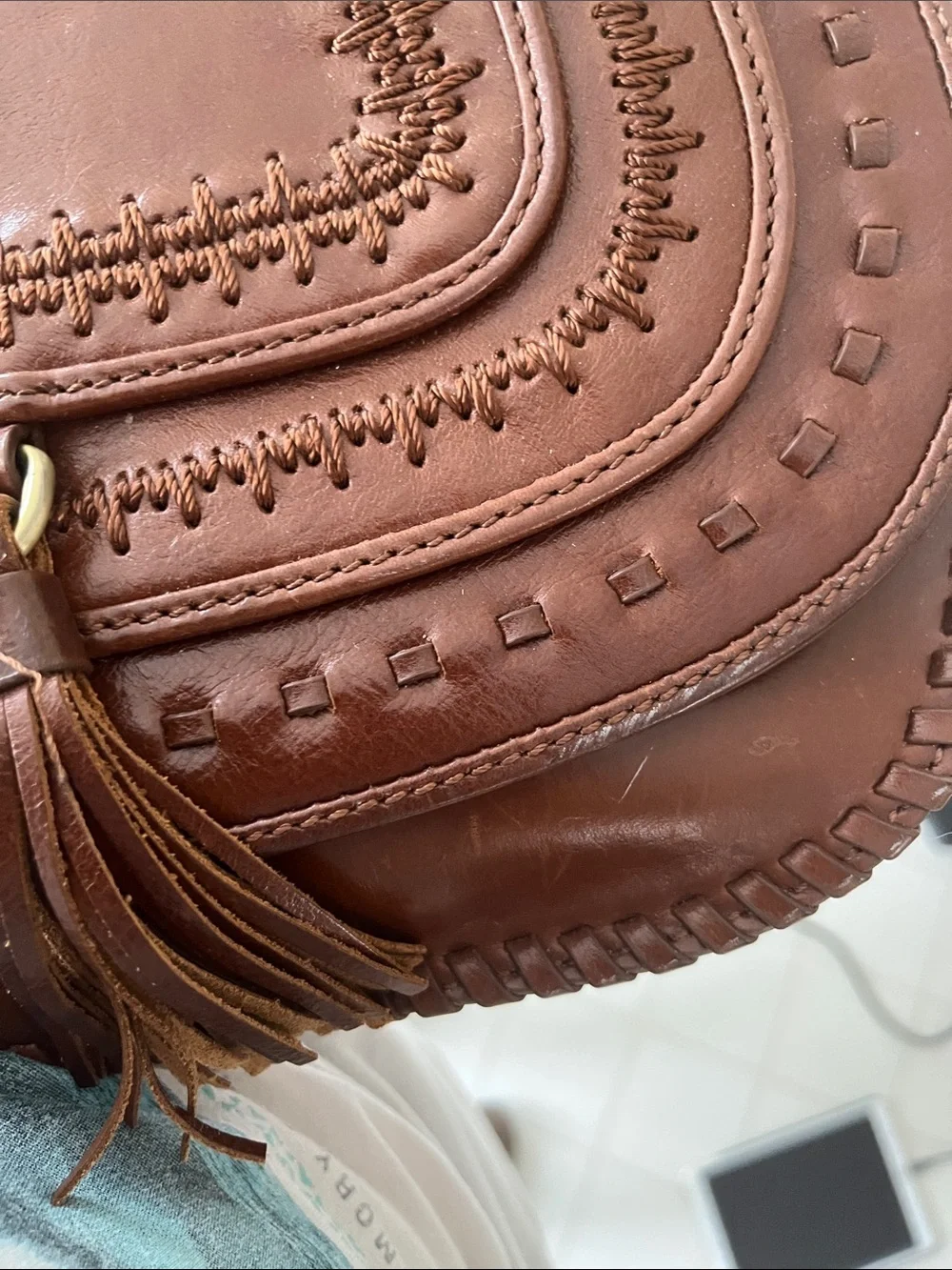 Patricia Nash Discovery Abruzzo Chainstitch Saddle Bag Cognac